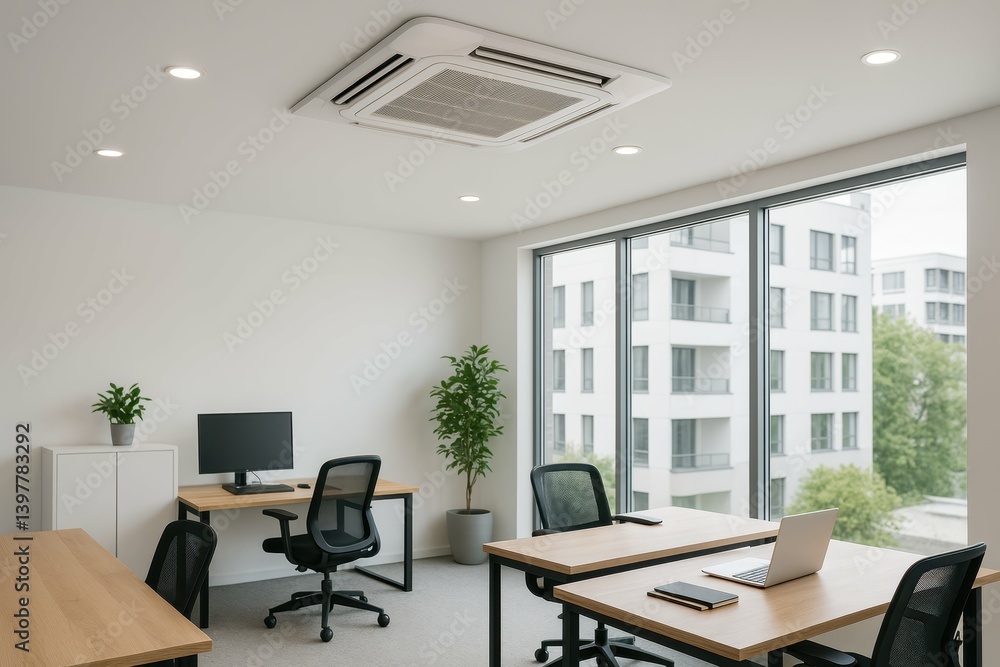 Poster modern workspace design with comfort and simplicity in office setting