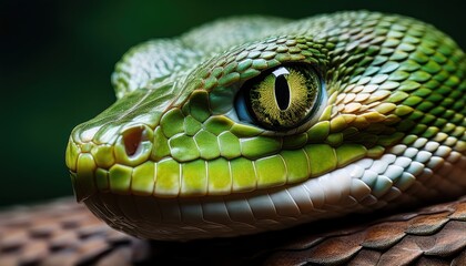 Emerald Gaze: A striking close-up portrait of a vibrant green snake, its mesmerizing eye reflects the mysteries of the wild, showcasing nature's intricate beauty.