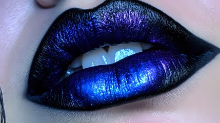 A close-up of a woman's lips in multicolored gothic style — deep purples, electric blues, and black accents blended into a bold, dramatic gradient with a matte finish and subtle metallic shimmer