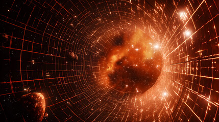 A depiction of a wormhole or black hole in space with a grid-like structure and glowing elements.