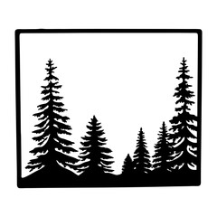 Simple Black and White Silhouette of Evergreen Trees in a Square Frame