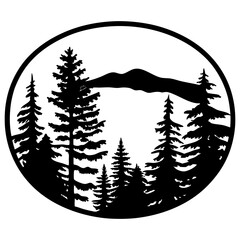 Silhouette of Majestic Mountain Landscape with Evergreen Trees in a Circular Frame