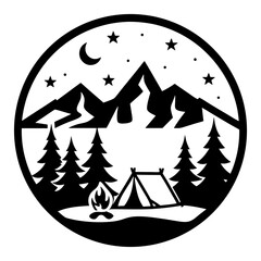 Fototapeta premium Night Camping Scene with Mountains Stars Moon and Campfire