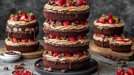 A decadent stack of chocolate cake layers, adorned with fresh strawberries and chocolate chips.