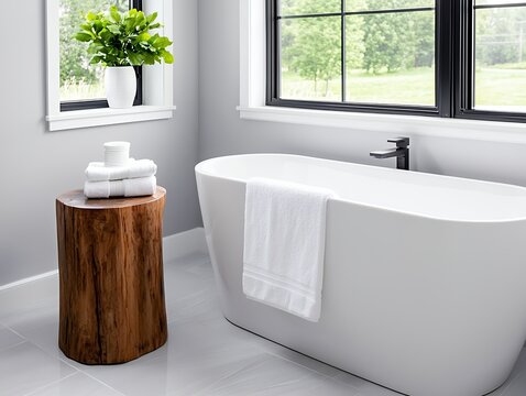 Bright White Bathroom with Freestanding Tub Rustic Wood Table and Natural Light - Powered by Adobe