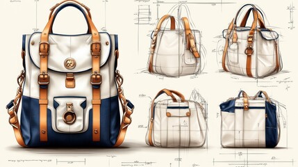Multi-view design sketches of a stylish backpack/tote