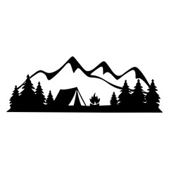 Majestic Mountain Camping Scene with Silhouetted Trees and Campfire