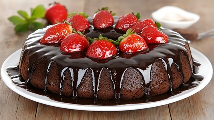 A decadent chocolate bundt cake adorned with fresh strawberries.