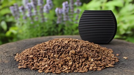 A pile of dark brown, crunchy granola on a rustic wooden surface.