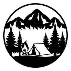 Mountain Camping Scene Silhouette in Circular Design A Majestic View of a Campsite Nestled Among Pine Trees with a Campfire and Tent