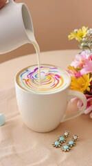 A cup of coffee with rainbow swirls on top