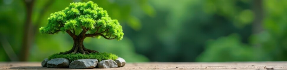 Miniature tree, vibrant green foliage, sculpted branches, stone base , art, rock