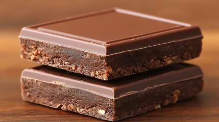 Two squares of dark chocolate with a crunchy center.