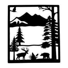 Scenic Mountain Landscape with Deer Bear and Trees Framed Silhouette Illustration