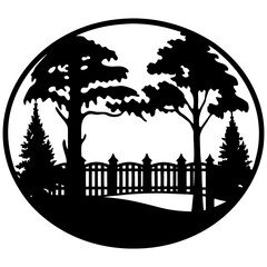 Fototapeta premium Circular Silhouette of a Serene Garden Scene with Trees and Fence