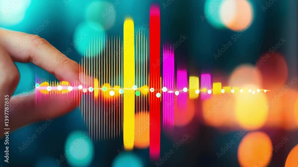 Poster vibrant sound wave visualization colorful audio frequency and rhythm graphics evoke creativity and e
