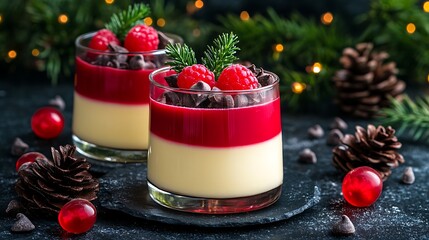 Festive christmas trifle dessert with raspberries and chocolate chips.