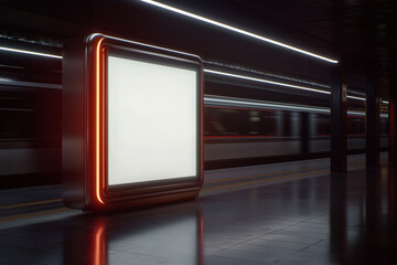Illuminated sign at subway station with passing train.