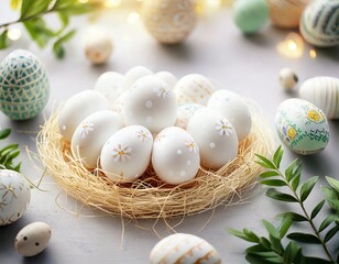 Obraz premium Białe pisanki w gnieździe – wiosenna dekoracja wielkanocna z kwiatowym wzorem