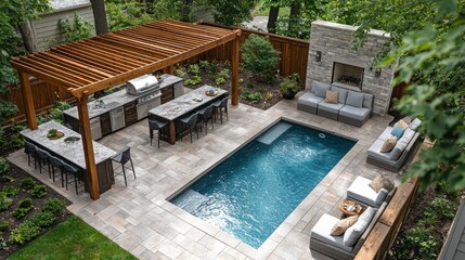 Luxurious backyard oasis with pool, outdoor kitchen, pergola, and lounge seating