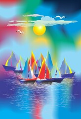 composition with sailboats that have colorful sails
