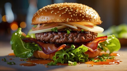 Golden Bun and Juicy Patty Unite in a Decadent Burger Framed by Warm, Inviting Light
