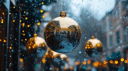 A shimmering gold christmas ornament hanging in the snow.