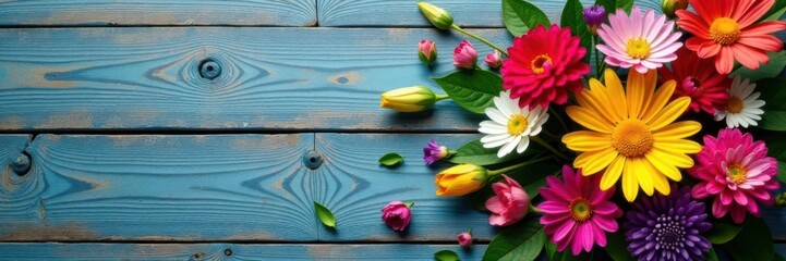 Vibrant floral arrangement on weathered wood, copy space provided , blossom, texture