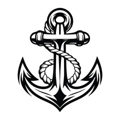 Nautical Anchor Tattoo with Rope Wrap, Classic Maritime Symbolism, Black and White Art