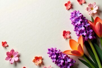 Fototapeta premium Vibrant hyacinths & lilies scattered on craft paper, nature, blue, blossom