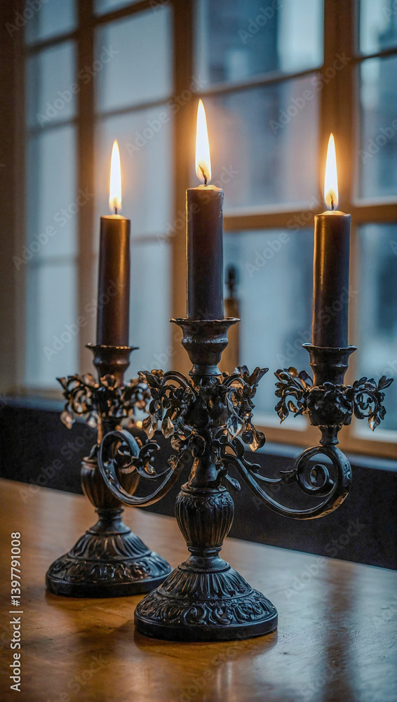 Poster elegant black candelabra with three lit candles, creating warm and inviting atmosphere.