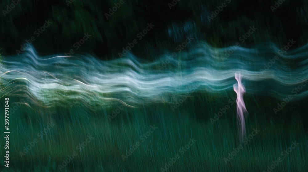 Poster abstract image showing blurred green and blue with a single figure