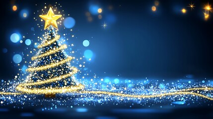 A dazzling blue christmas tree with golden lights and sparkles.