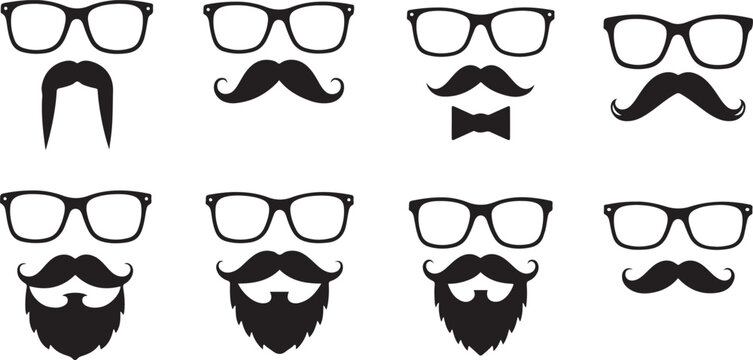 Glasses and mustache vector set. Simple glasses and mustache shape illustration, editable elements, can be used in logo design