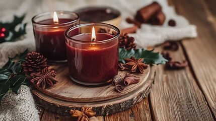 Two warm, inviting burgundy candles surrounded by festive winter spices and greenery.