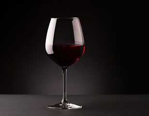 Crimson Elixir: A single, elegant wineglass, filled with a rich, deep red wine, rests gracefully on a sleek surface against a dark, sophisticated backdrop.