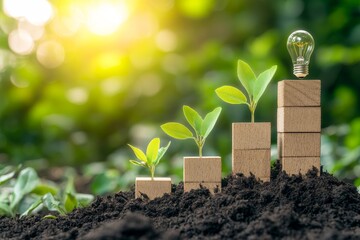 Abstract wooden blocks with arrow and growing plant symbolizing business growth in nature