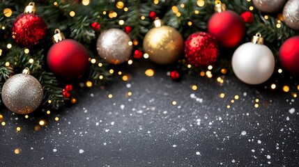 Festive Christmas ornaments and lights on a dark surface.