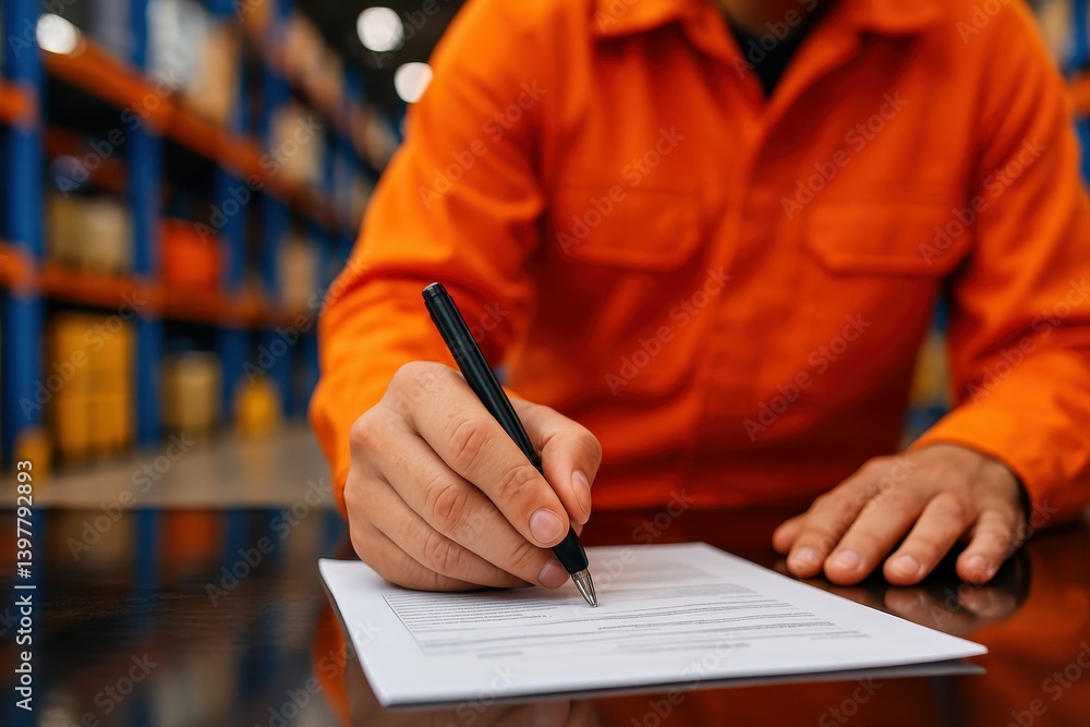 Poster worker signing document in warehouse environment for logistics operation
