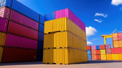Fototapeta premium A vibrant stack of shipping containers in various colors against a blue sky, showcasing industrial organization and logistics.