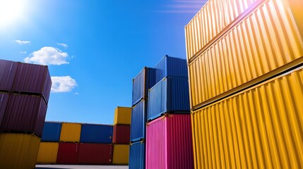 Fototapeta premium Colorful shipping containers stacked against a bright blue sky, showcasing vibrant hues and a clear day.