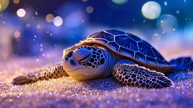 Peaceful sea turtle resting on sandy beach at night, shimmering lights