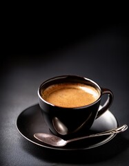 Aromatic Essence: A freshly brewed cup of espresso rests gracefully on a sleek black saucer, complete with a shining spoon, inviting you to experience a moment of pure sensory delight.
