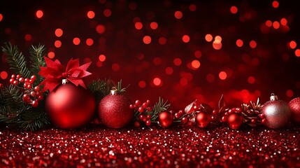 Festive christmas ornaments in red and silver on a red glitter background.