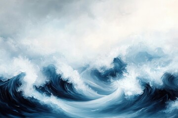 A captivating depiction of tumultuous ocean waves, showcasing deep blues and frothy white peaks under a cloudy sky.