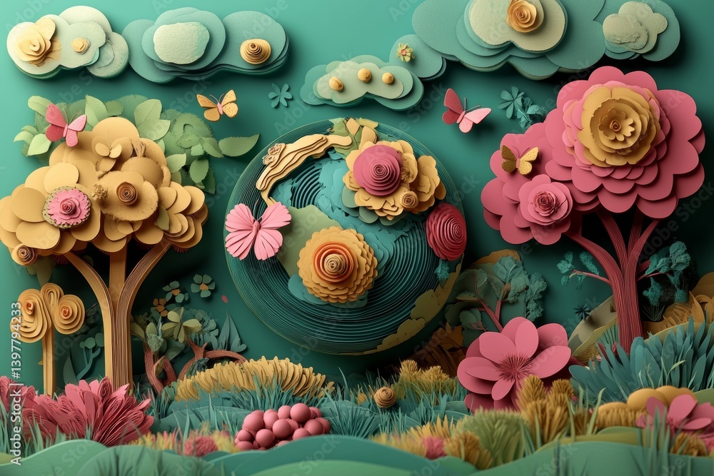 Poster the concept of earth day is represented through a paper cut style design featuring flowers and a but