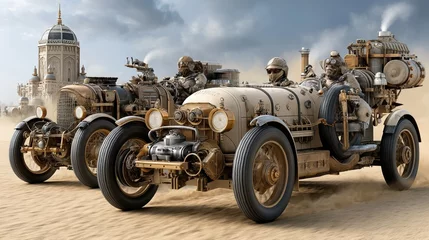 Fototapete Fahrzeug Steampunk desert race featuring futuristic sand vehicles and adventurers  © scaliger