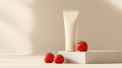Minimal skincare tube with fresh strawberries on beige pedestal in soft natural light