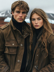 Fototapeta premium Young caucasian couple in outdoor jackets with mountainous background and moody sky