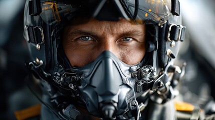 Fototapeta premium Closeup of pilot wearing advanced flight helmet and oxygen mask in cockpit